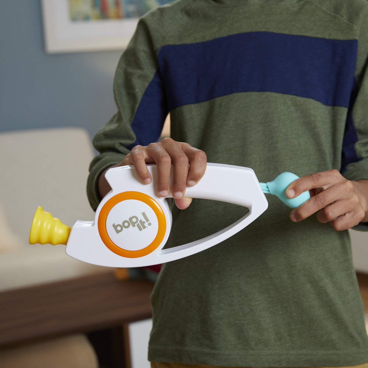 Bop It! fast-paced action prompts players to react swiftly.