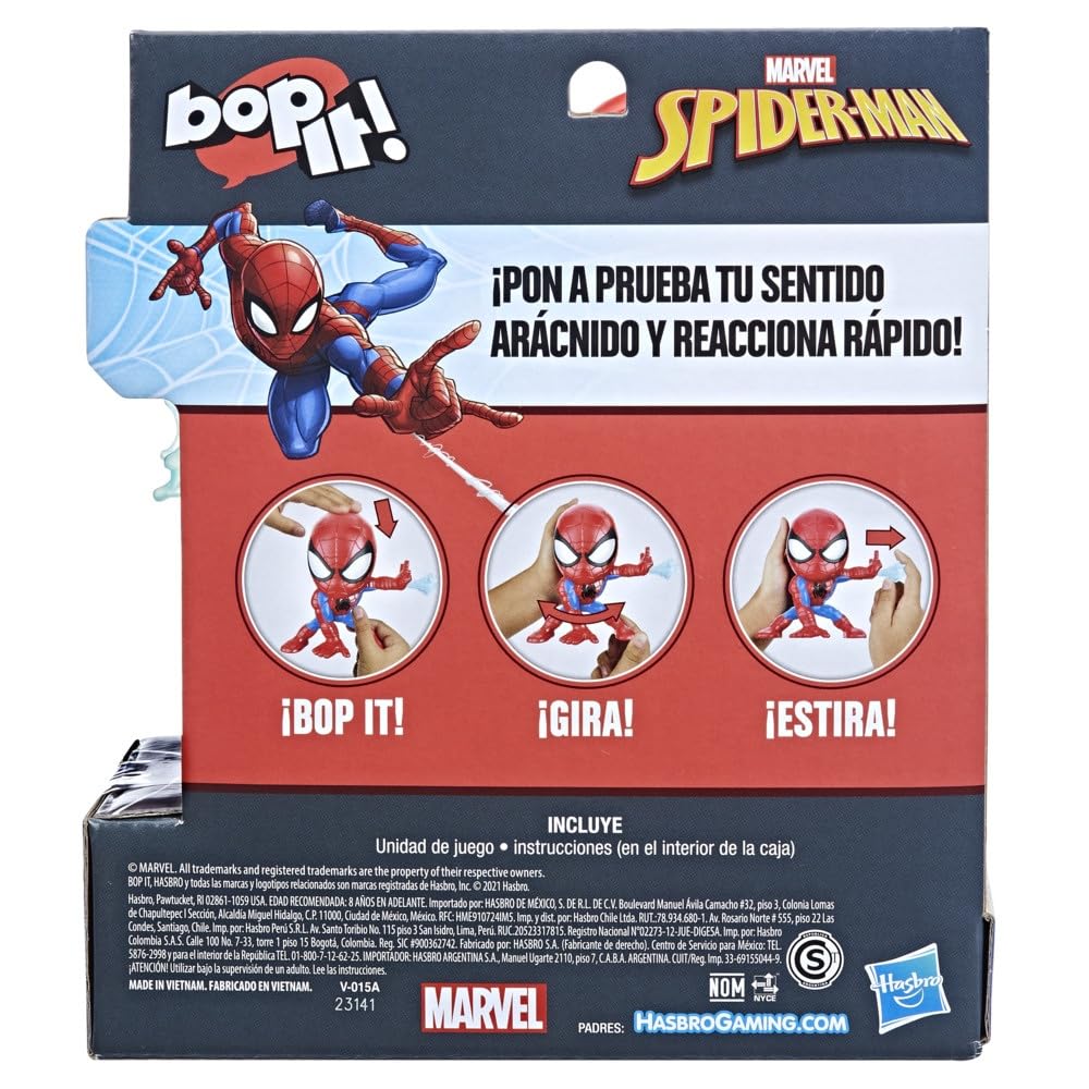 Bop It Marvel Spider-Man Edition leg twist cue highlighting movement variety.