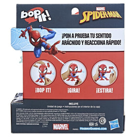 Bop It Marvel Spider-Man Edition leg twist cue highlighting movement variety.