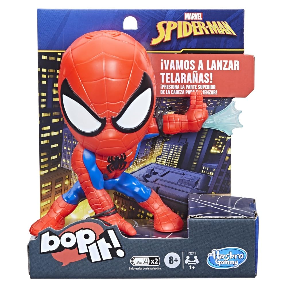 Bop It Marvel Spider-Man Edition Spider-Man head press detail for quick reflex challenges.