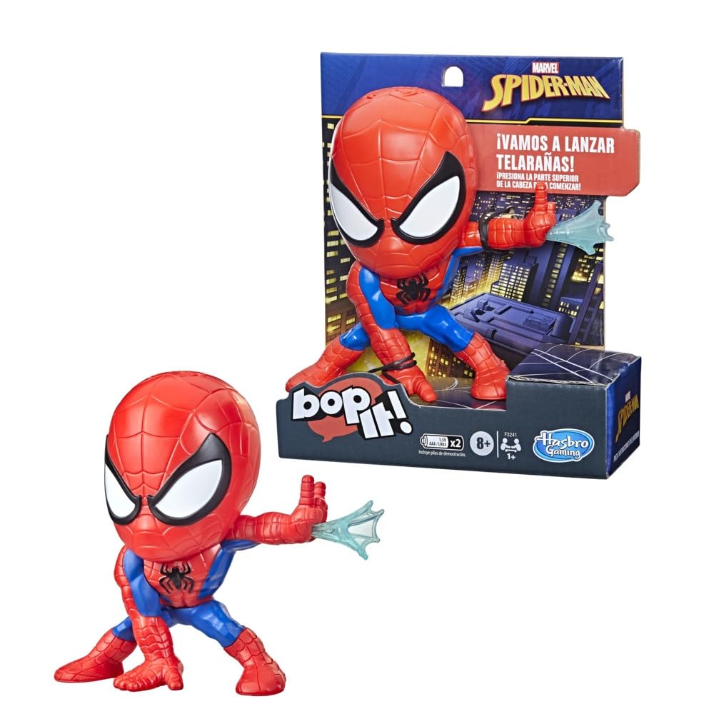 Bop It Marvel Spider-Man Edition web pull action at center for dynamic gameplay.