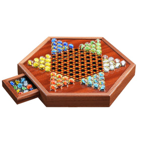 BOPIPA wooden Chinese checkers board shown with its built-in storage drawer for easy setup