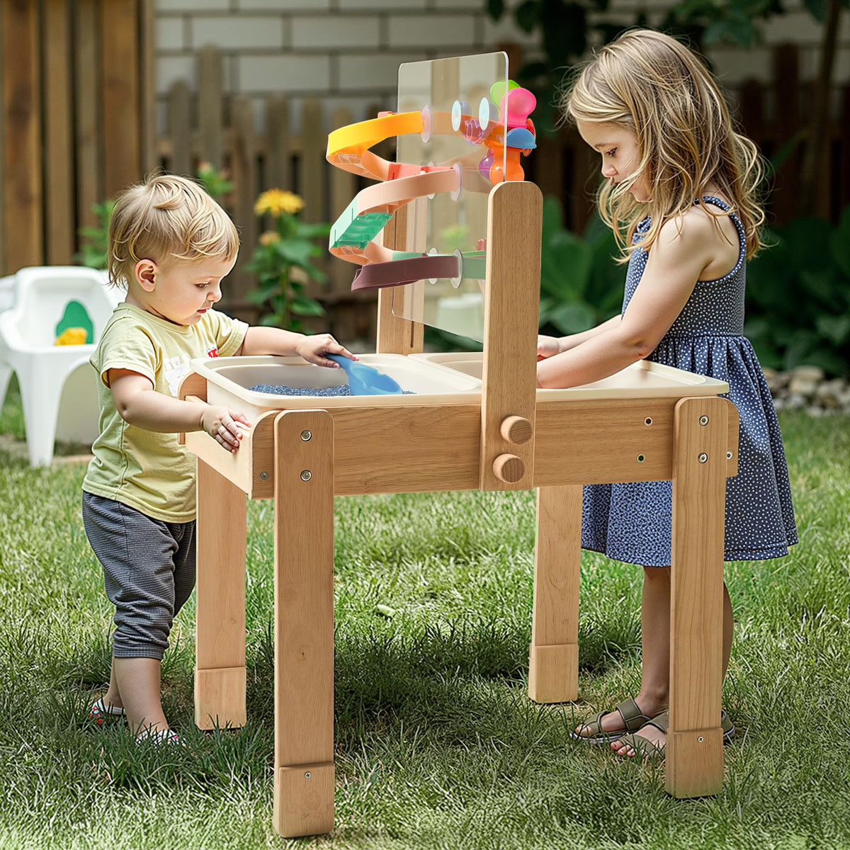 Bopoobo sand and water table with dual basins for shared play and sensory exploration