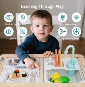 Bopoobo shelves help kids sort and store pretend kitchen items.