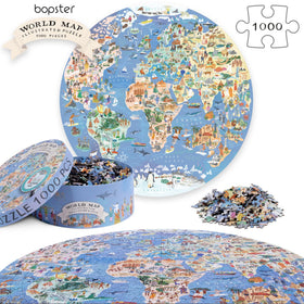 Bopster illustrated globe design for educational, immersive puzzling experiences.
