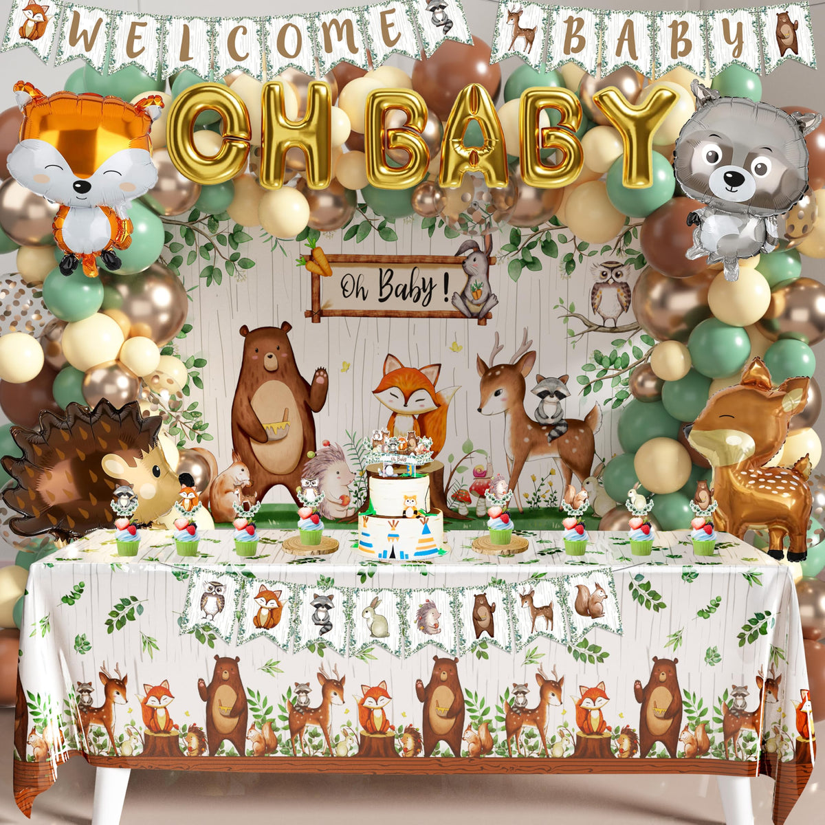 BORAMDO Woodland Animals backdrop with vivid print enhances a magical baby shower scene.