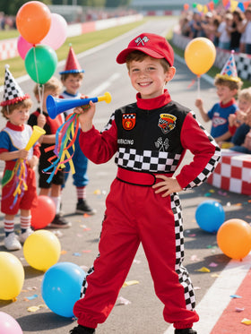 Bordazor Kids Race Car Driver Costume back view showing full jumpsuit