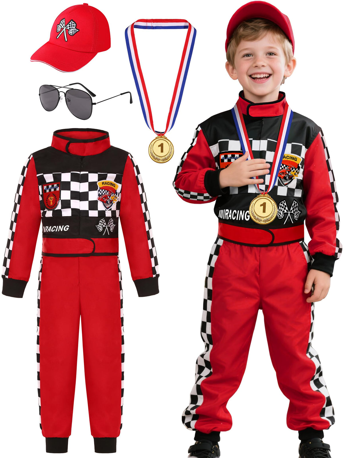 Bordazor Kids Race Car Driver Costume front view with authentic racing look