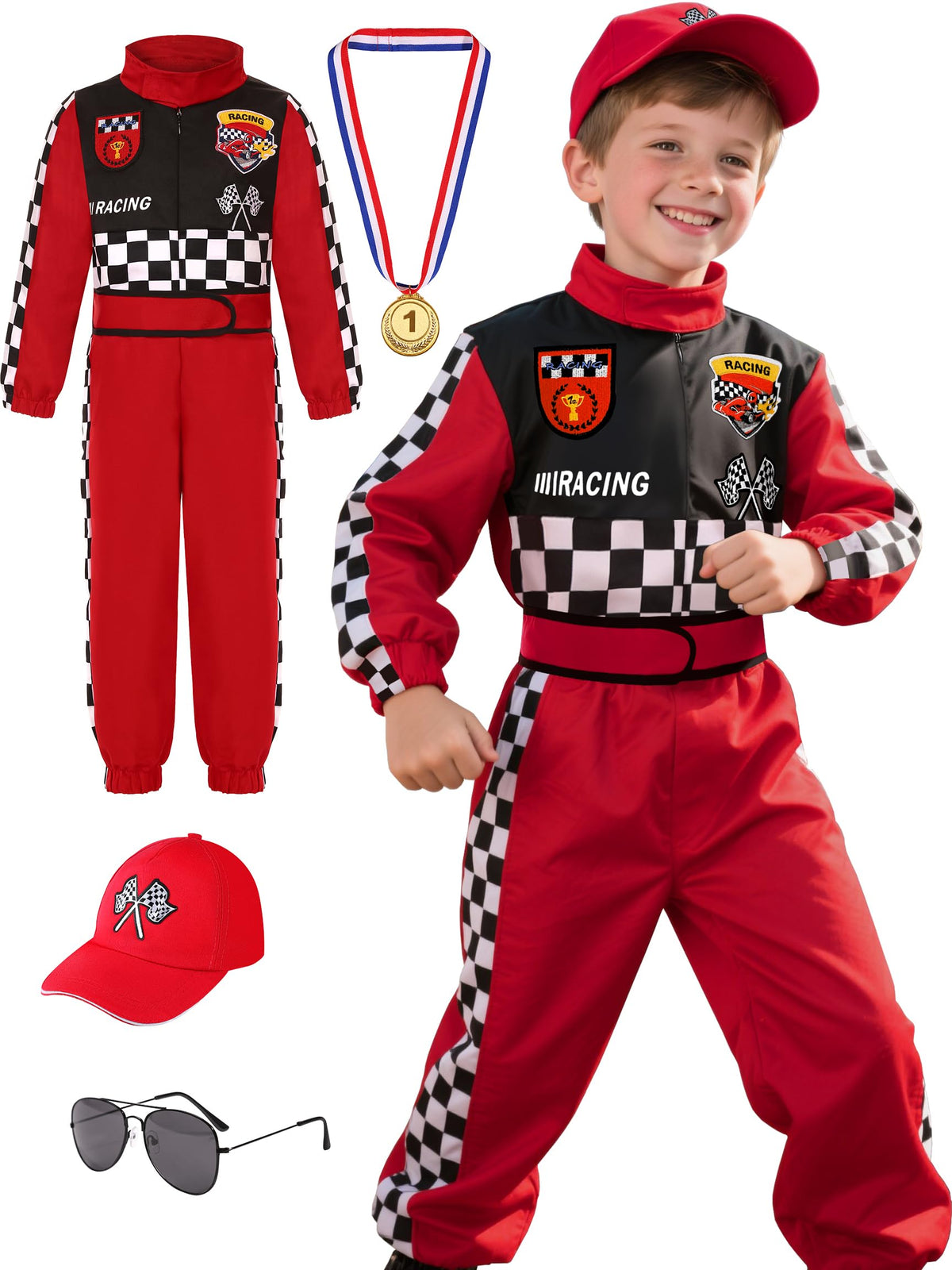 Bordazor Kids Race Car Driver Costume front view for vivid Halloween play