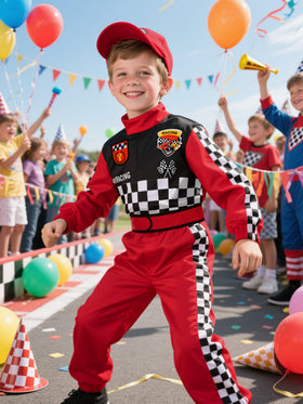 Bordazor Kids Race Car Driver Costume jumpsuit with checkered pattern for classic racer look