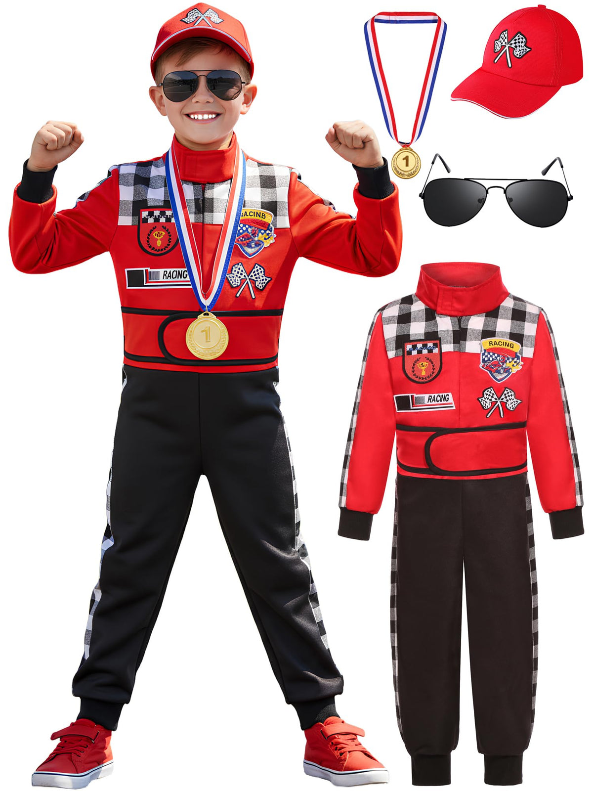 Bordazor Kids race car driver jumpsuit with checkered design for imaginative play