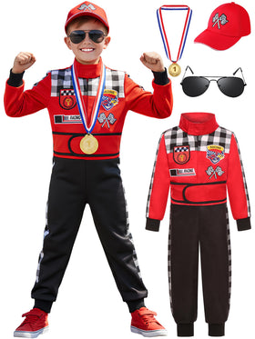 Bordazor Kids race car driver jumpsuit with checkered design for imaginative play