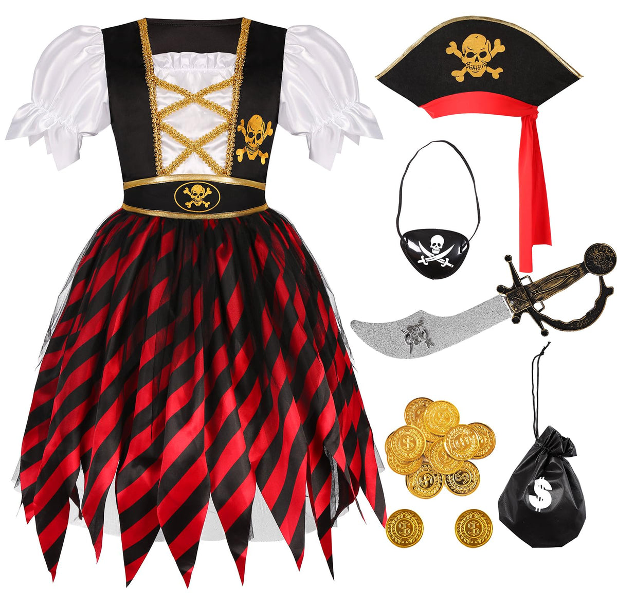 Bordazor pirate costume dress with hat and belt for imaginative play.