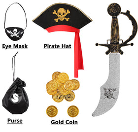 Bordazor pirate costume with gold skulls on the hat for a bold look.