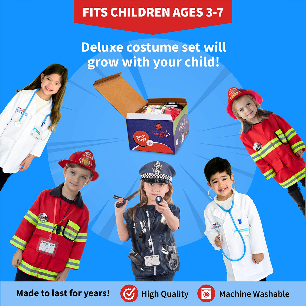 Born Toys costumes for ages 3-7 encourage imaginative storytelling.
