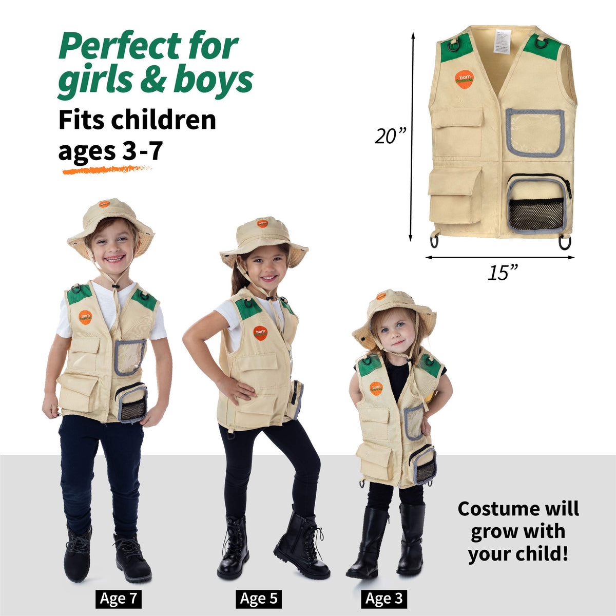 Born Toys Explorer costume safari hat, keeps young explorers comfortable on backyard adventures.