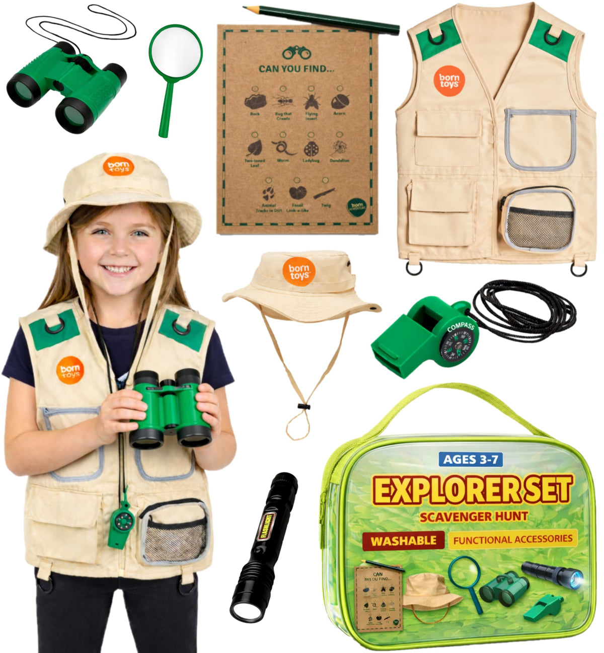 Born Toys Explorer costume safari vest shown, sparking imaginative outdoor adventures.