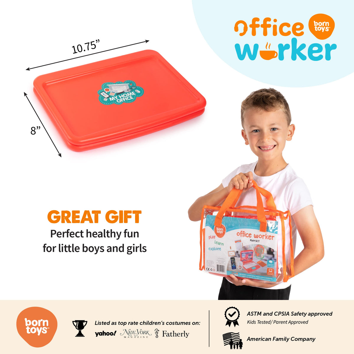 Born Toys name tag helps kids identify roles and stay engaged in pretend office scenarios.