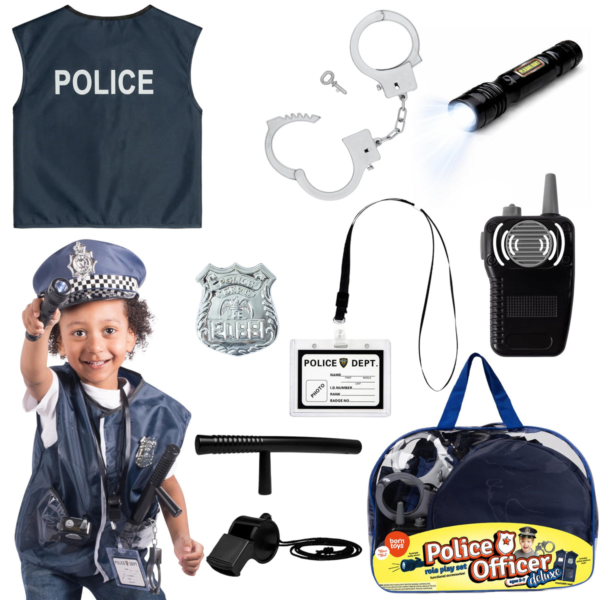 Born Toys police costume hat enhances imaginative play.