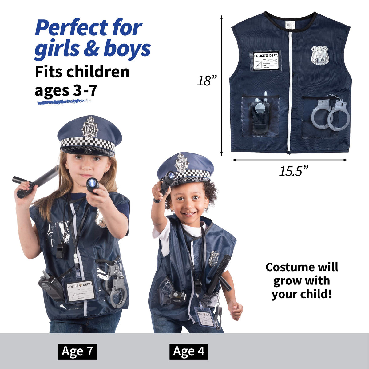 Born Toys police costume vest promotes quick dressing and confident role play.