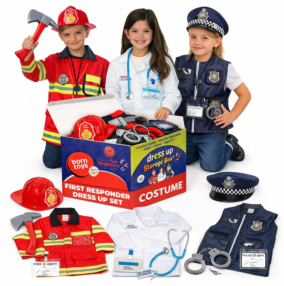 Born Toys police costume with vest, hat, badge and handcuffs promotes imaginative community helper play.