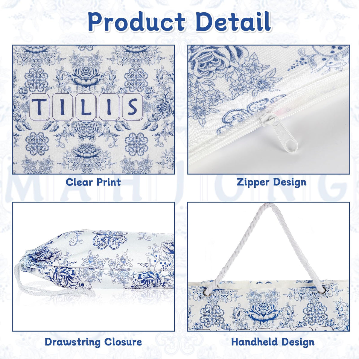 Blue and white floral pattern on Bornerwhite mahjong case adds elegant flair