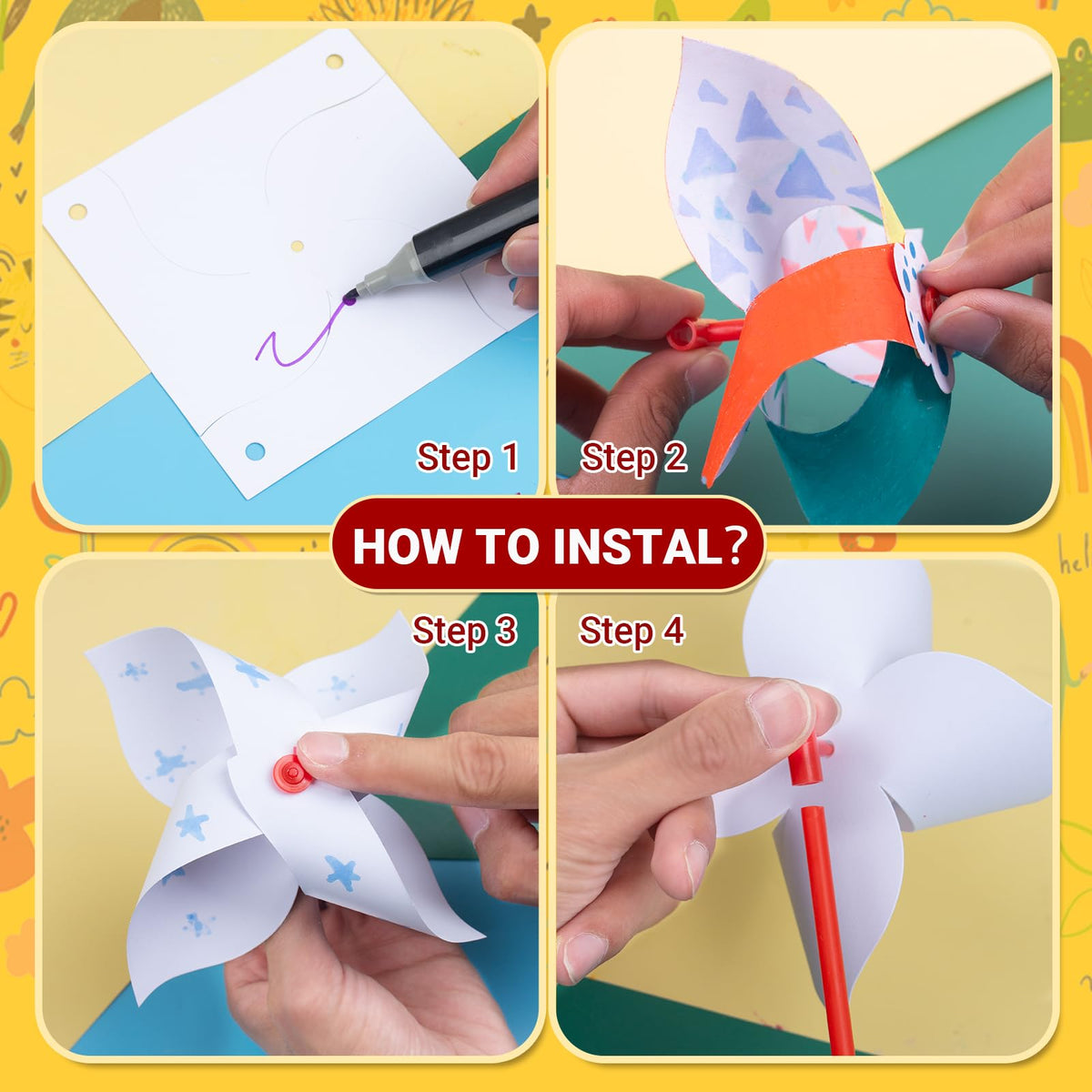 Thick cardstock pinwheels with safe plastic sticks for crafty kids.
