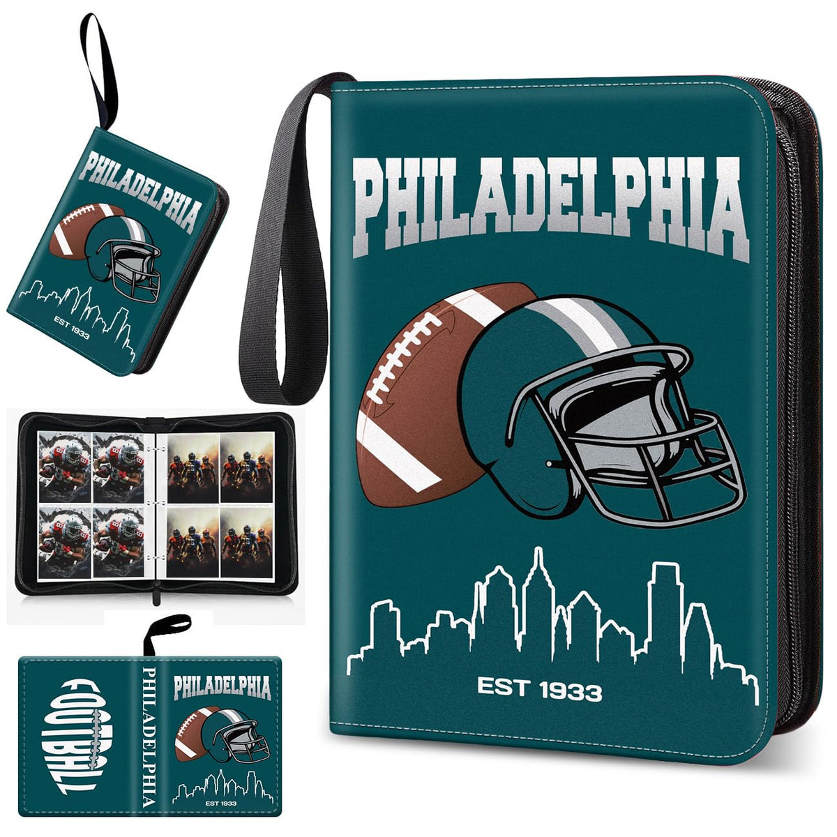 BOSTEPY football card binder open view for easy access to a 400-card collection.