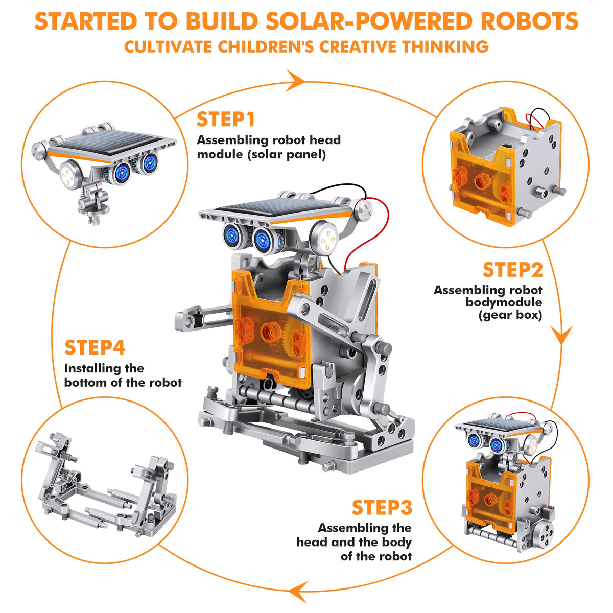 Bottleboom solar robot kit assembly demonstrates modular pieces for creative projects.