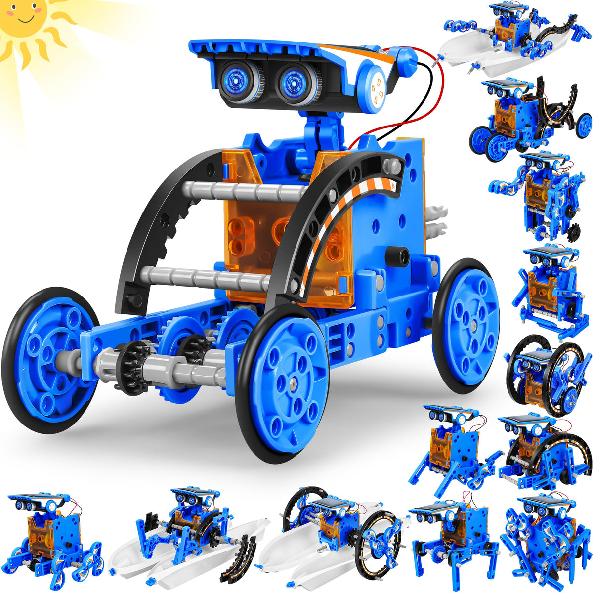 Bottleboom 13-in-1 solar robot kit front view promoting hands-on STEM learning.