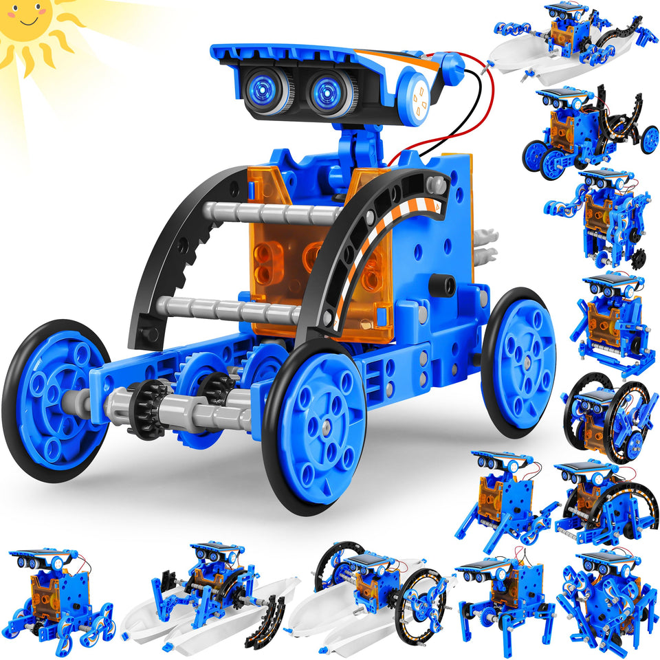 Bottleboom 13-in-1 solar robot kit front view promoting hands-on STEM learning.