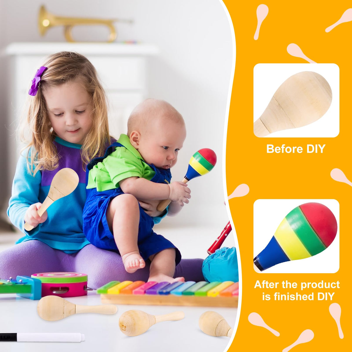 BOUBONI maraca painting process demonstrated by kids' hands.