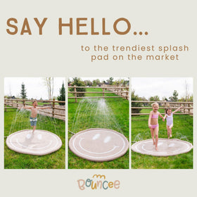 Bouncee dog-smiley-face design splash pad invites joyful outdoor fun.