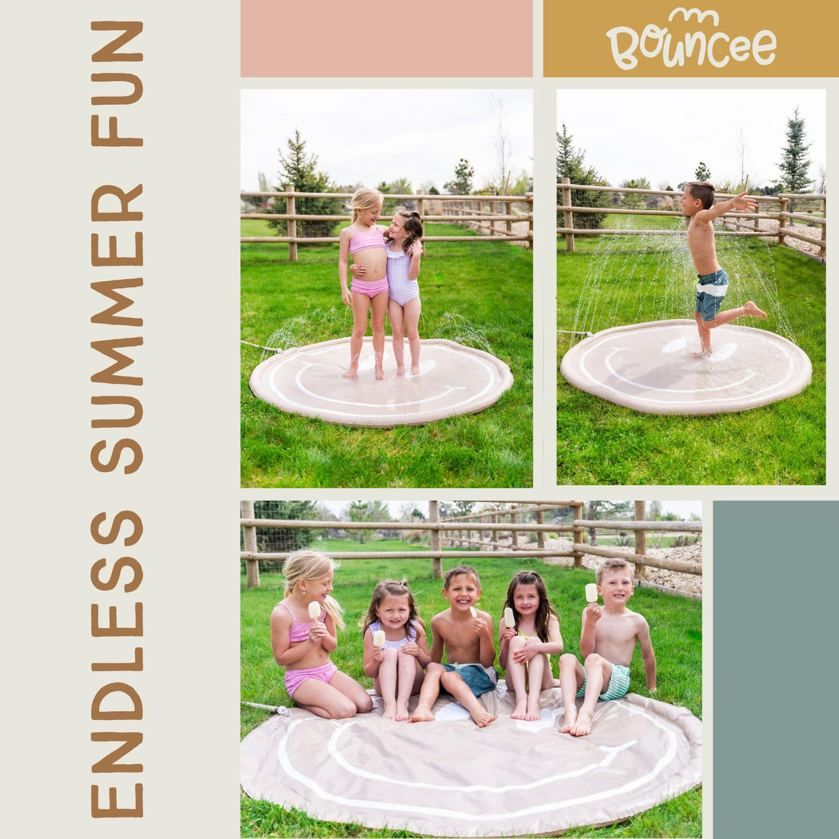 Bouncee splash pad adjustable spray height suits different ages.