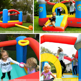 Bounceland bounce house castle setup with blower demonstrates fast tool-free inflation