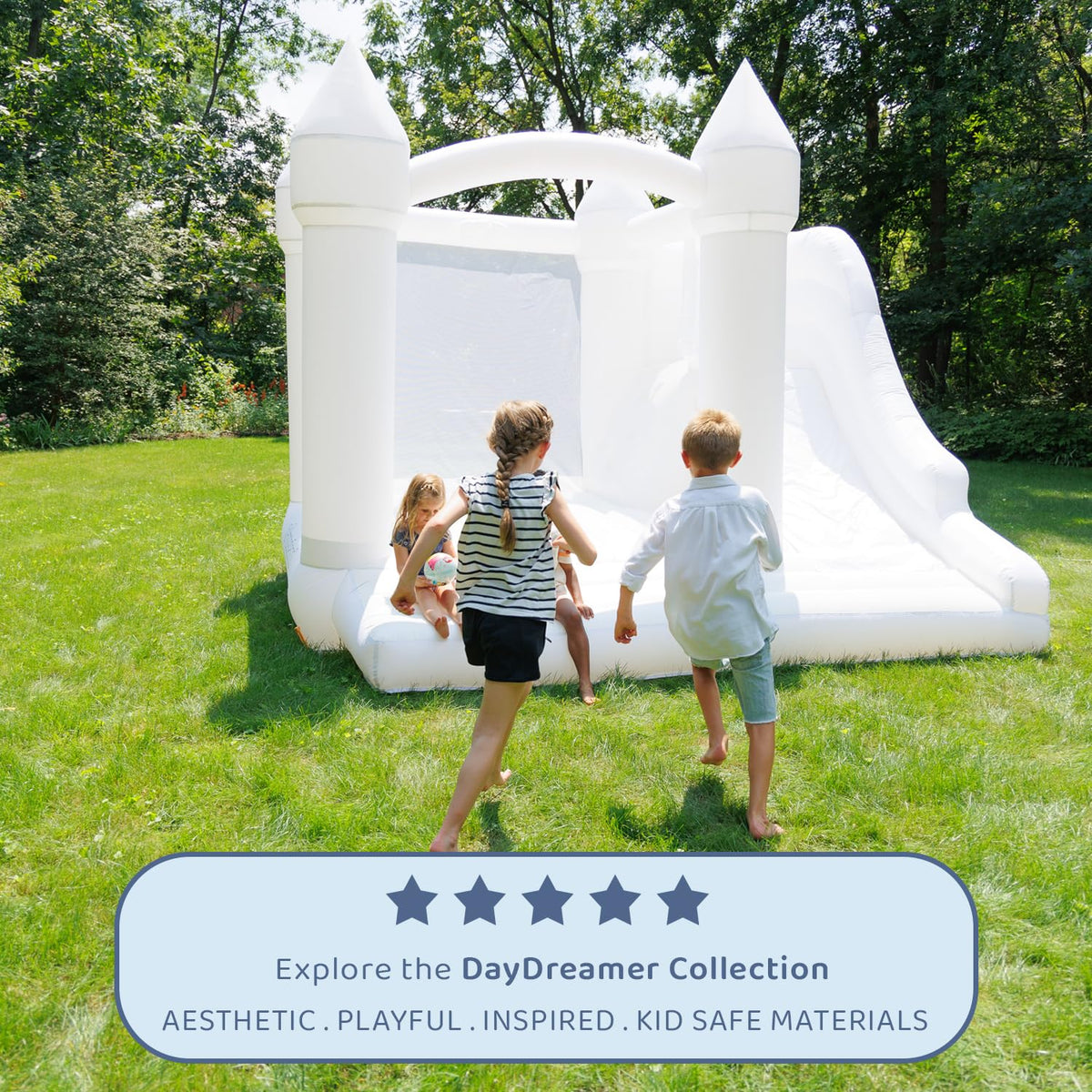 Bounceland Castle Palace Daydreamer Cloud Bounce House entry and stakes ensure stable outdoor setup.
