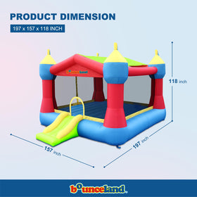 Bounceland bounce area with slide offers safe, fun space for kids to jump and slide.