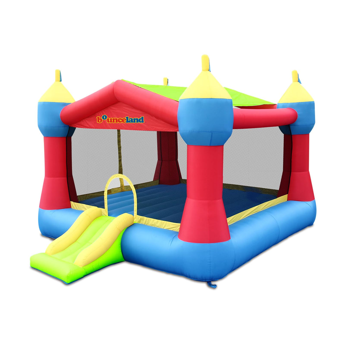 The Bounceland inflatable party castle fully assembled for indoor or outdoor play.