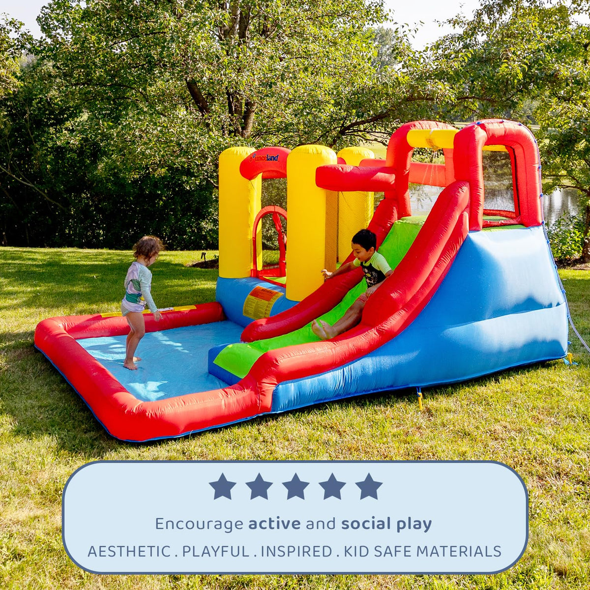 Bounceland Jump and Splash Adventure basketball hoop encourages active play and aiming.