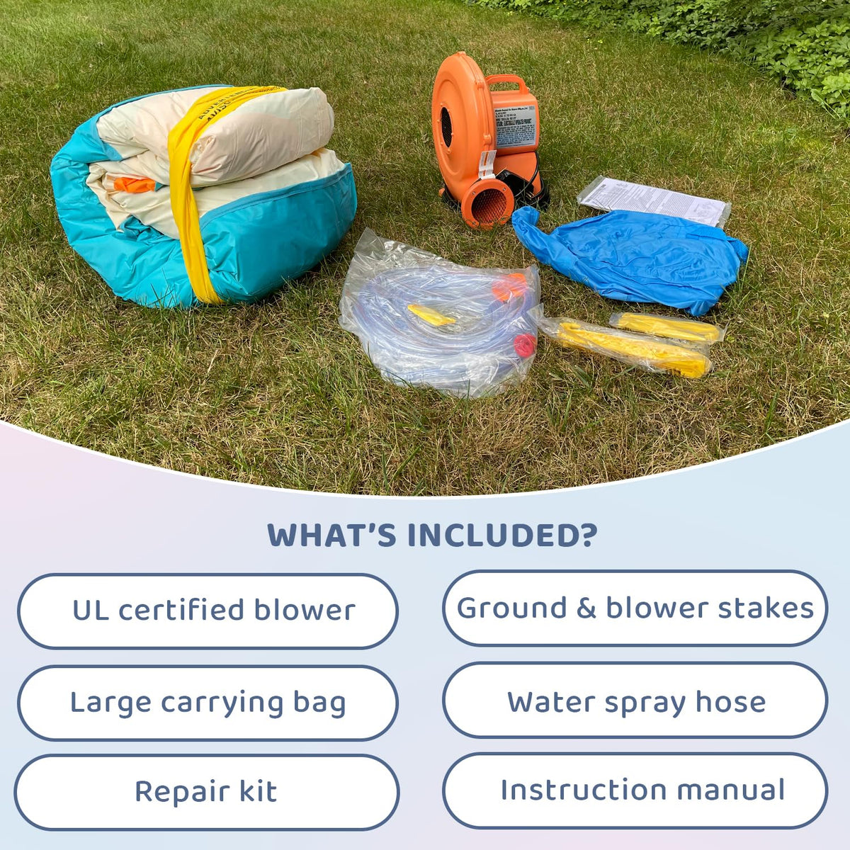 Bounceland Jump and Splash Adventure ground stakes keep the setup secure.