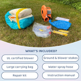 Bounceland Jump and Splash Adventure ground stakes keep the setup secure.