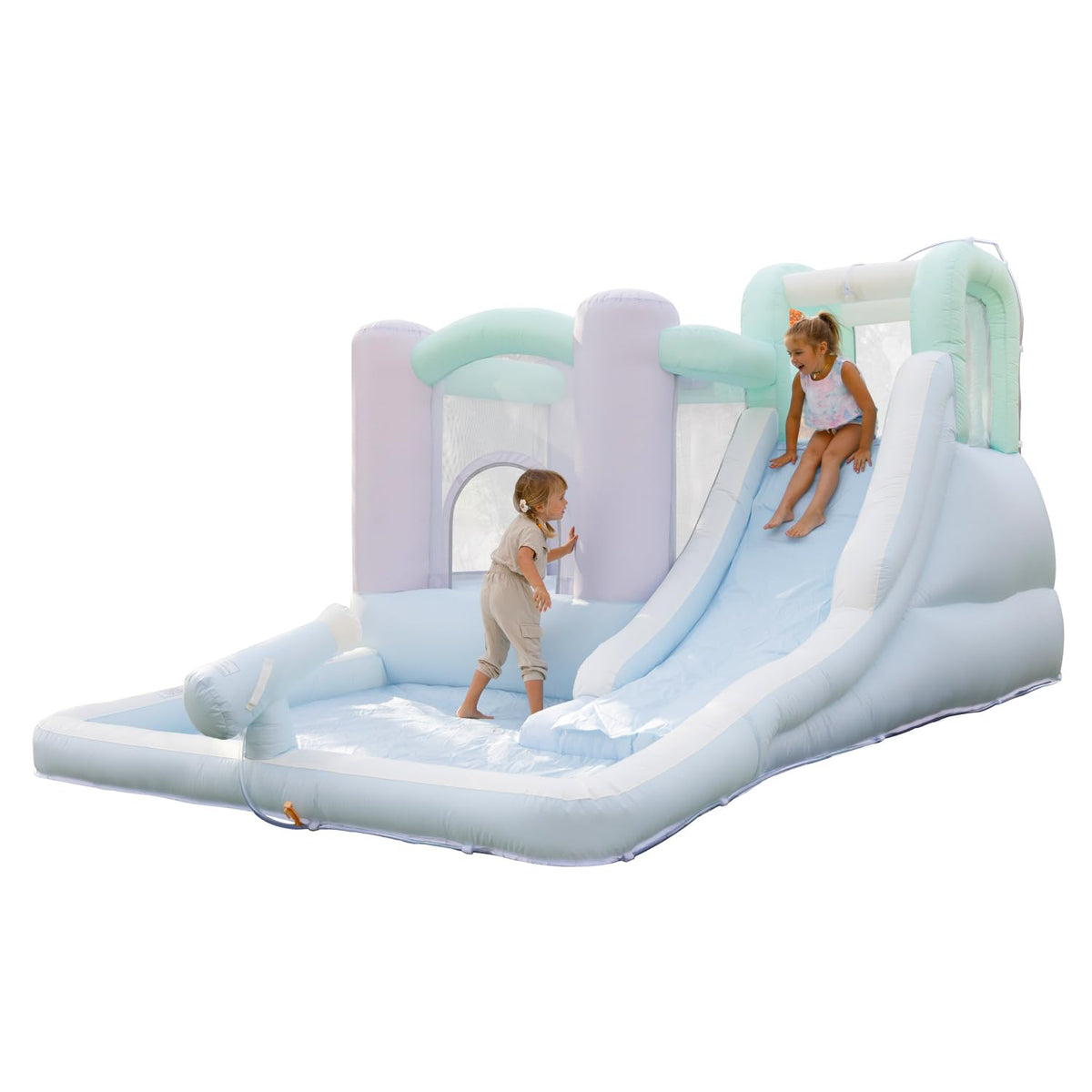 Bouncean Splash Zone Dream bounce area in pastel colors for backyard fun.