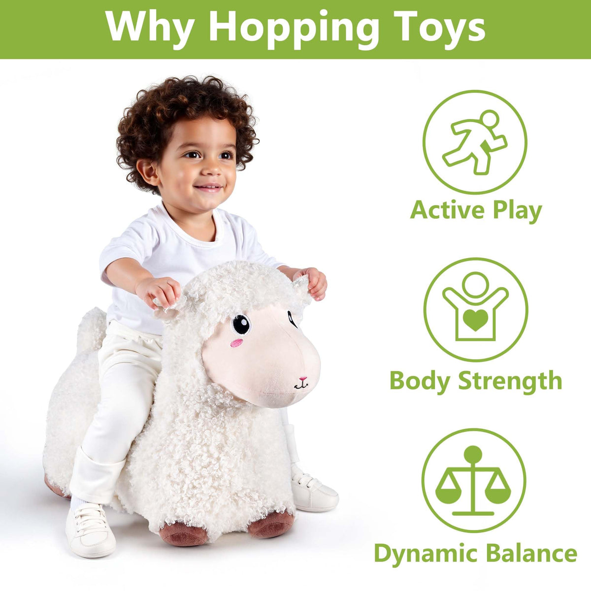 Toddler on Bouncy Pals Sheep Hopper indoors promotes balance