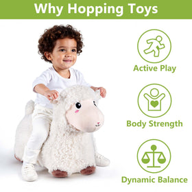 Toddler on Bouncy Pals Sheep Hopper indoors promotes balance