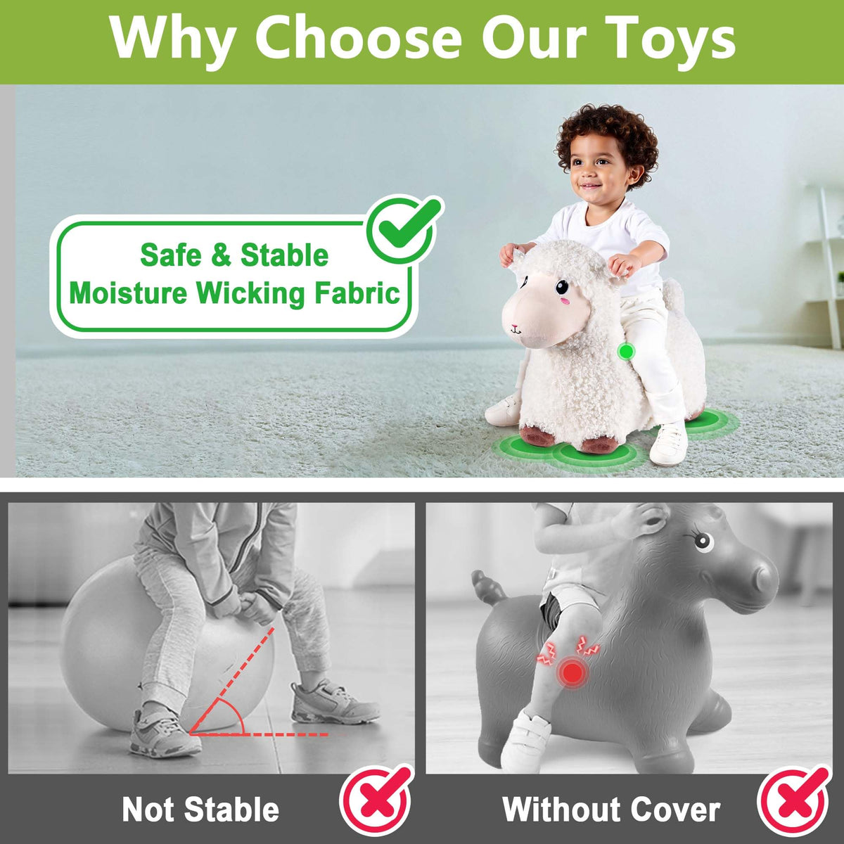 Machine-washable cover keeps Bouncy Pals Sheep Hopper clean