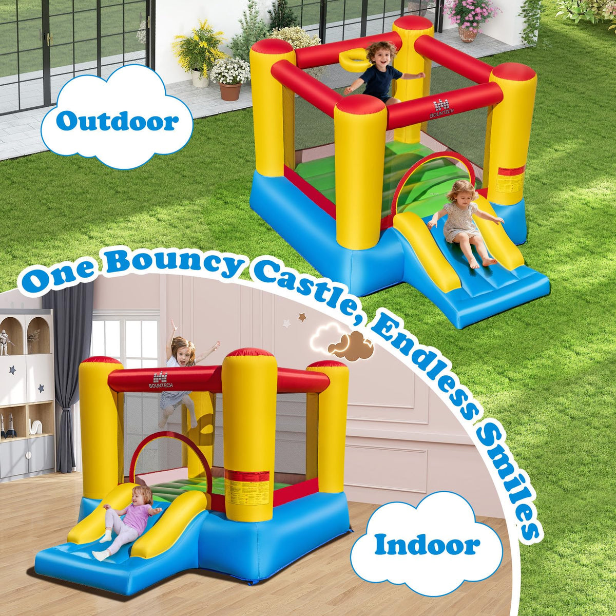 BOUNTECH bounce house slide close-up demonstrating easy access and fun flow