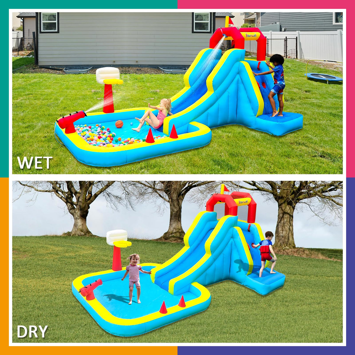 Bounwell water slide climbing wall with safety rails for confident climbers.