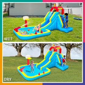 Bounwell water slide climbing wall with safety rails for confident climbers.
