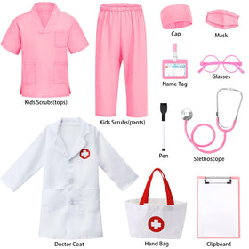 Boutrele lab coat, cap, mask, and glasses complete a realistic doctor look.