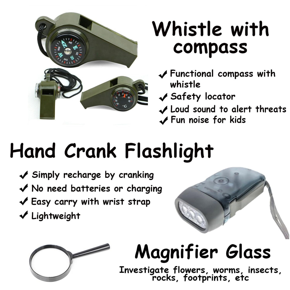 Box O' Mart Outdoor Adventure Set lensatic compass, supports basic orienteering and map reading